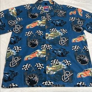 Vintage Dem Crazy Racing Button Up Shirt Men’s XL Hot Rod Checkered Flag Retro